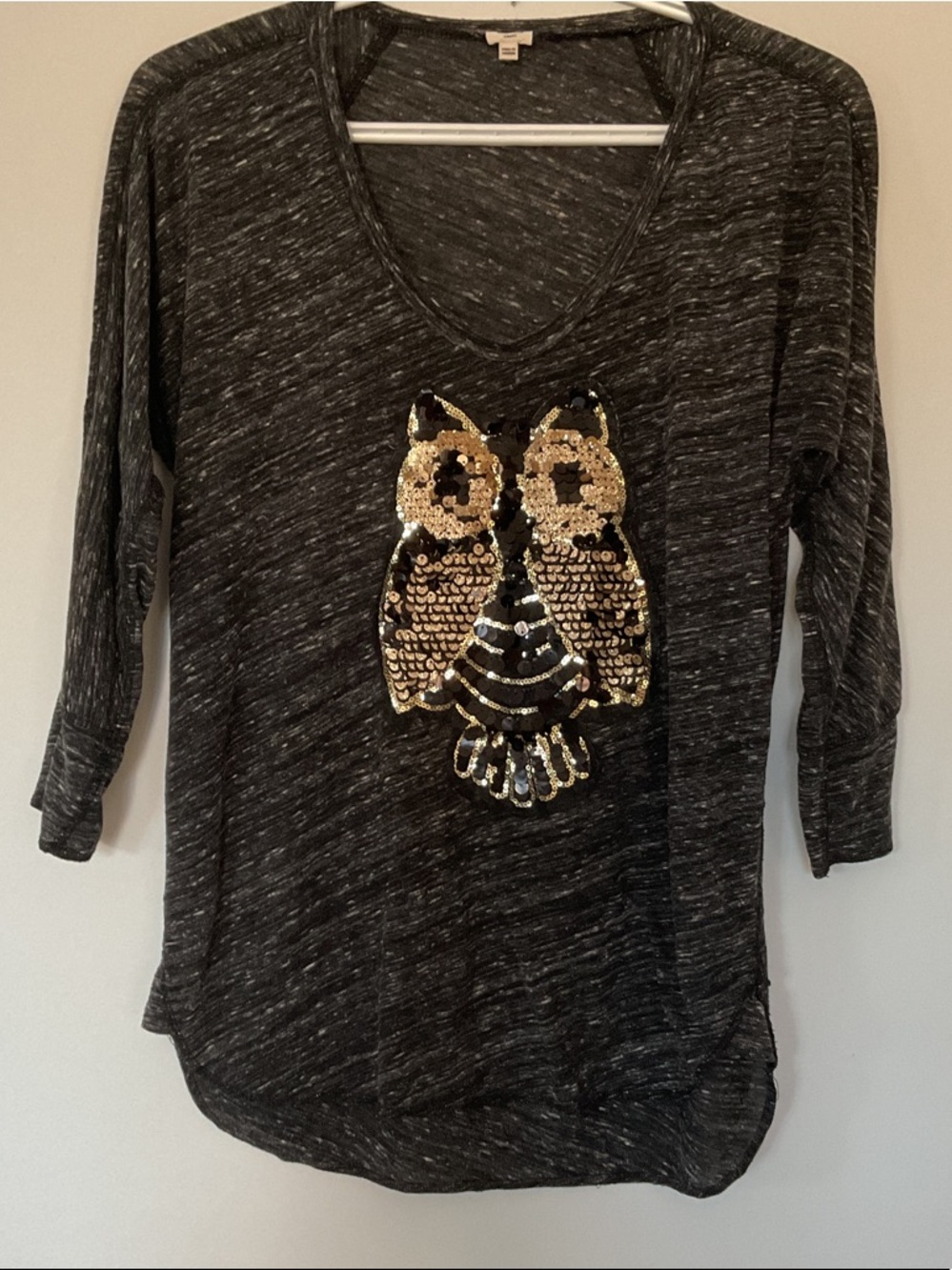 Wilfred Charcoal V-Neck Long Sleeve Top with Gold Sequin Owl Rare
